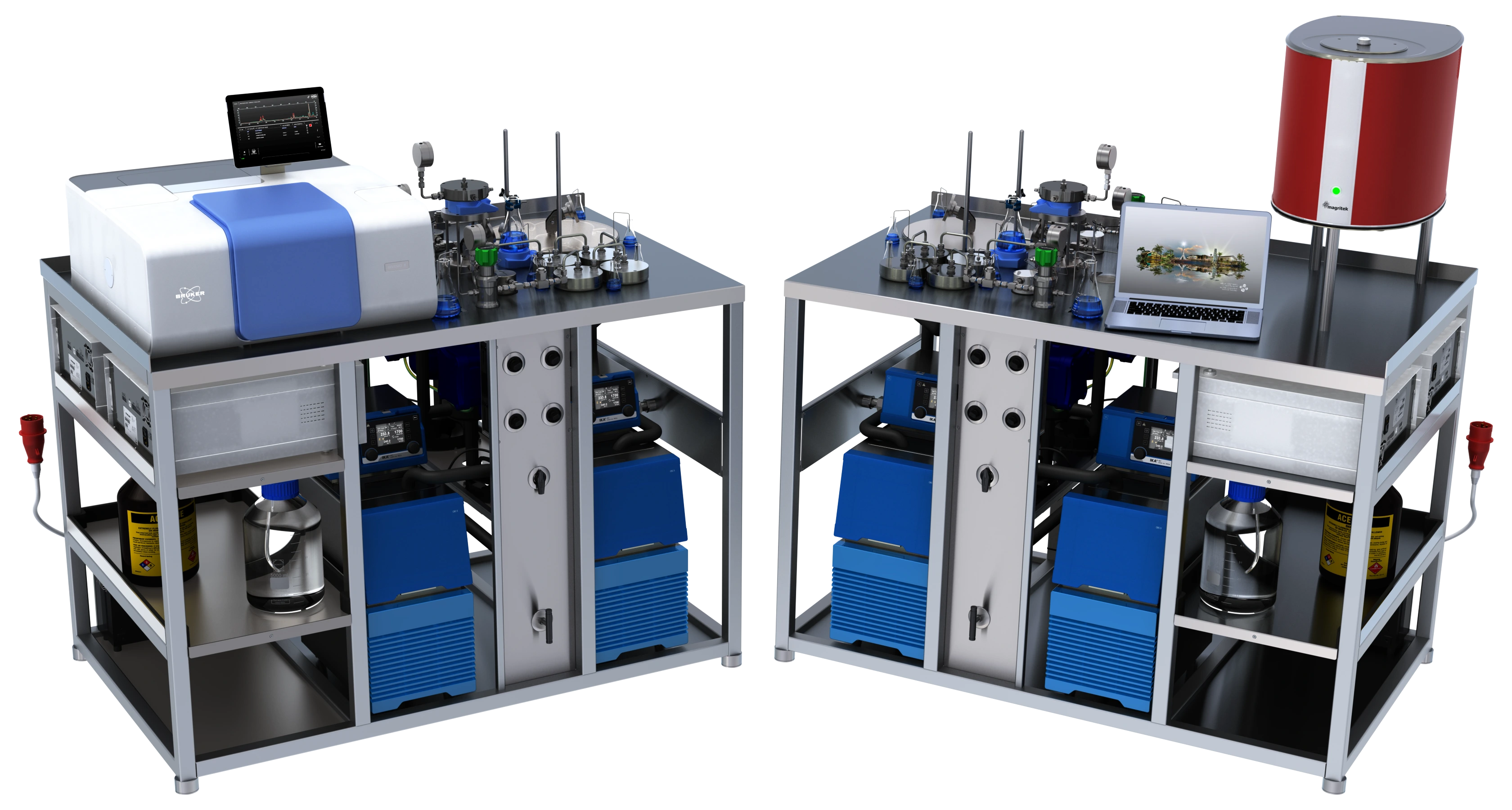 Rendered cascaded nanofiltration research rig with benchtop instruments, pumps, tubing, and modular lab frames.