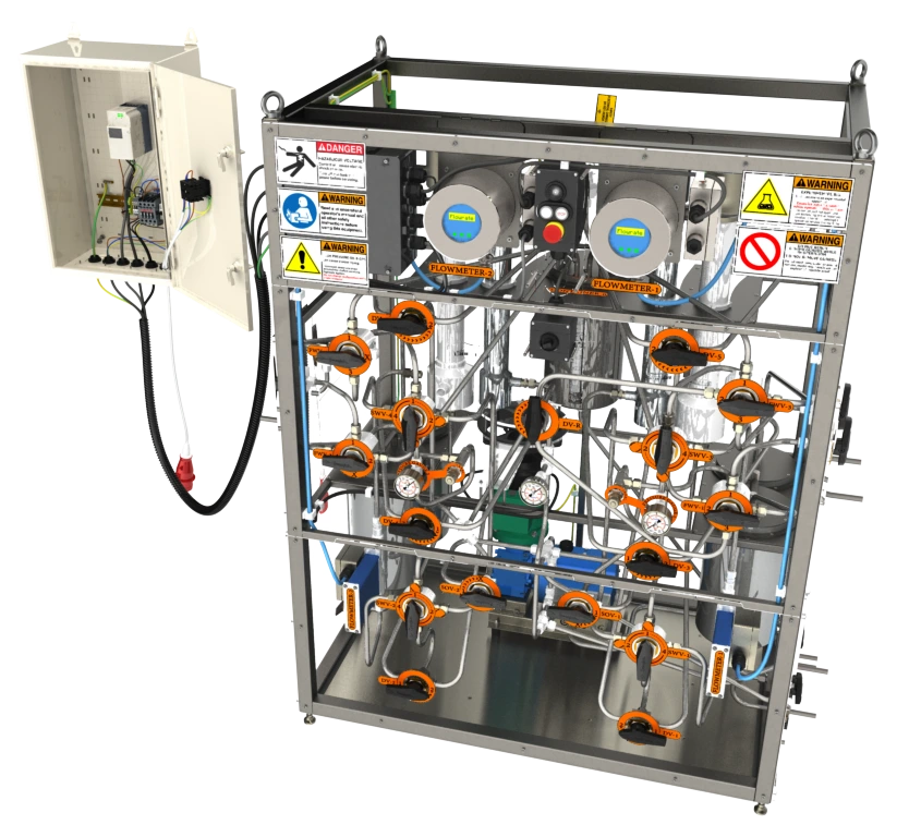 Rendered diluent separator scaling skid with labelled valves, flowmeters, control cabinet, and stainless process piping.