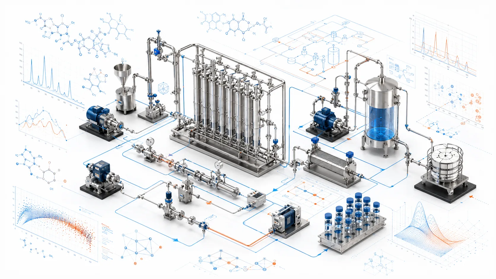Rendered membrane-separation and process equipment surrounded by process diagrams, molecular structures, and data plots.